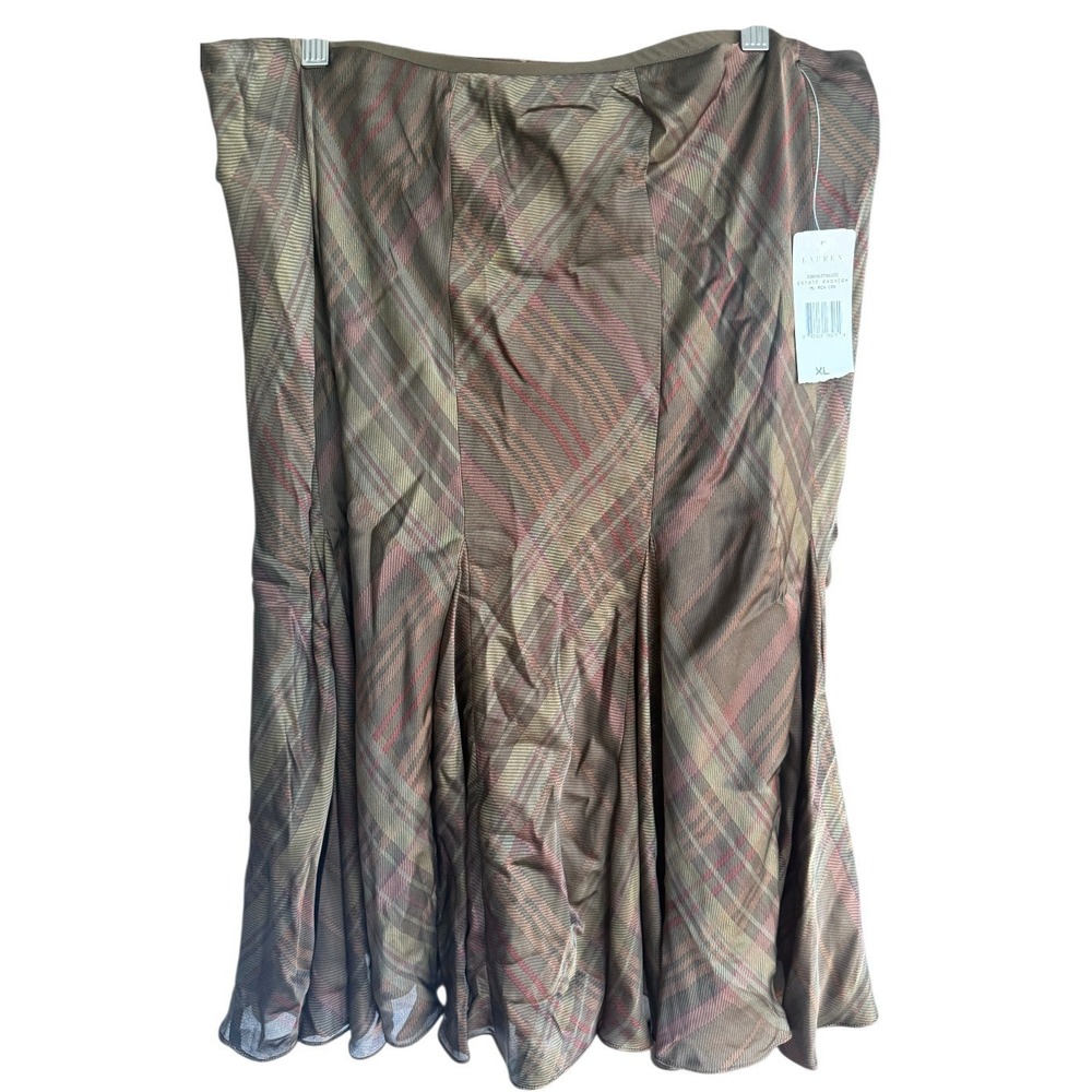 Lauren Ralph Lauren Estate Collection Womens Silk Plaid Academia Skirt Brown